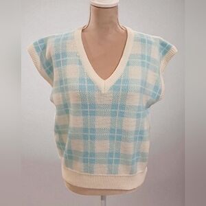 Vintage Quantum Blue White Plaid Sweater Vest Womans Large Sport Preppy Twee